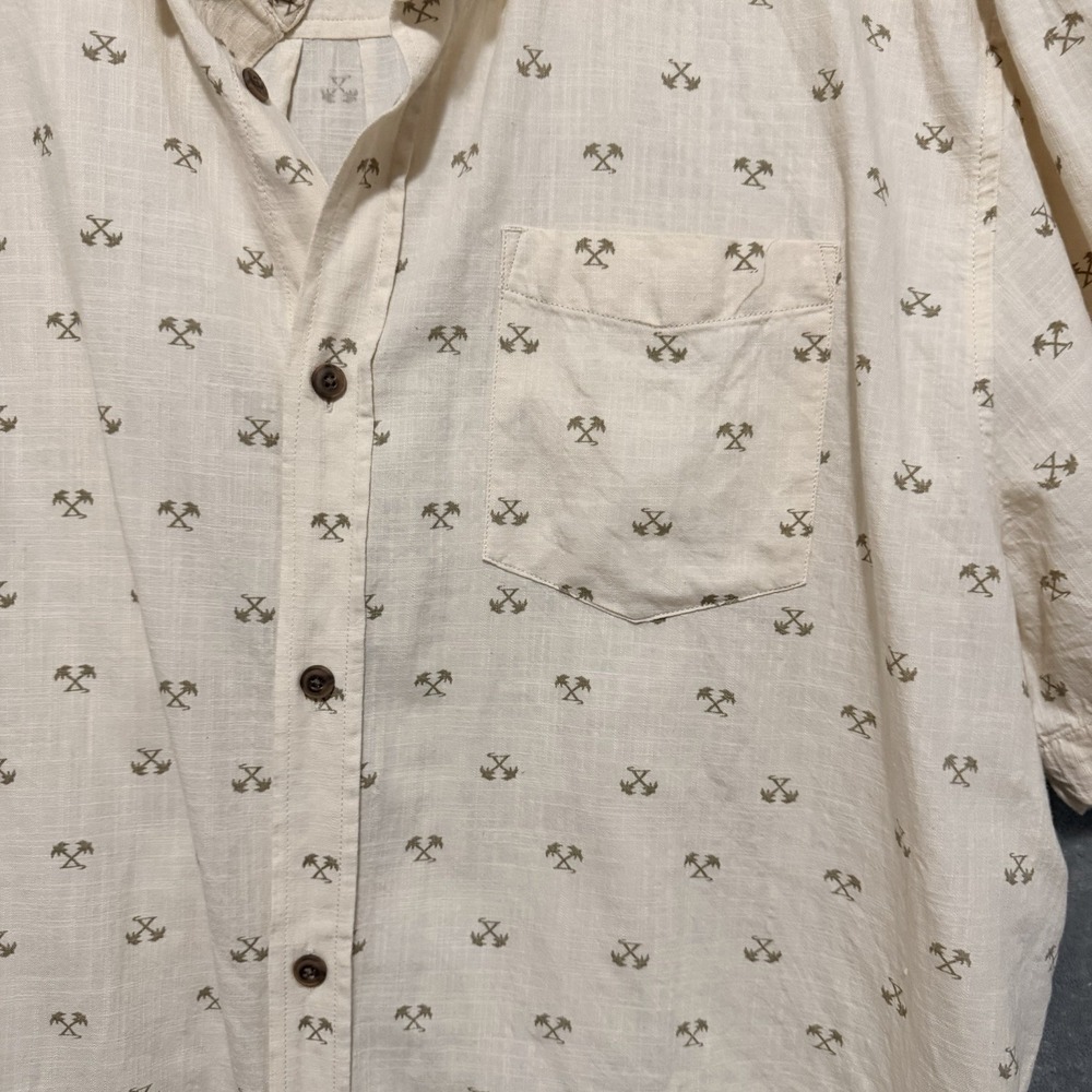PRANA PALM TREE TROPICAL CAMP BUTTON FRONT Short‎ Sleeve SHIRT XXL Cream - Picture 2 of 4